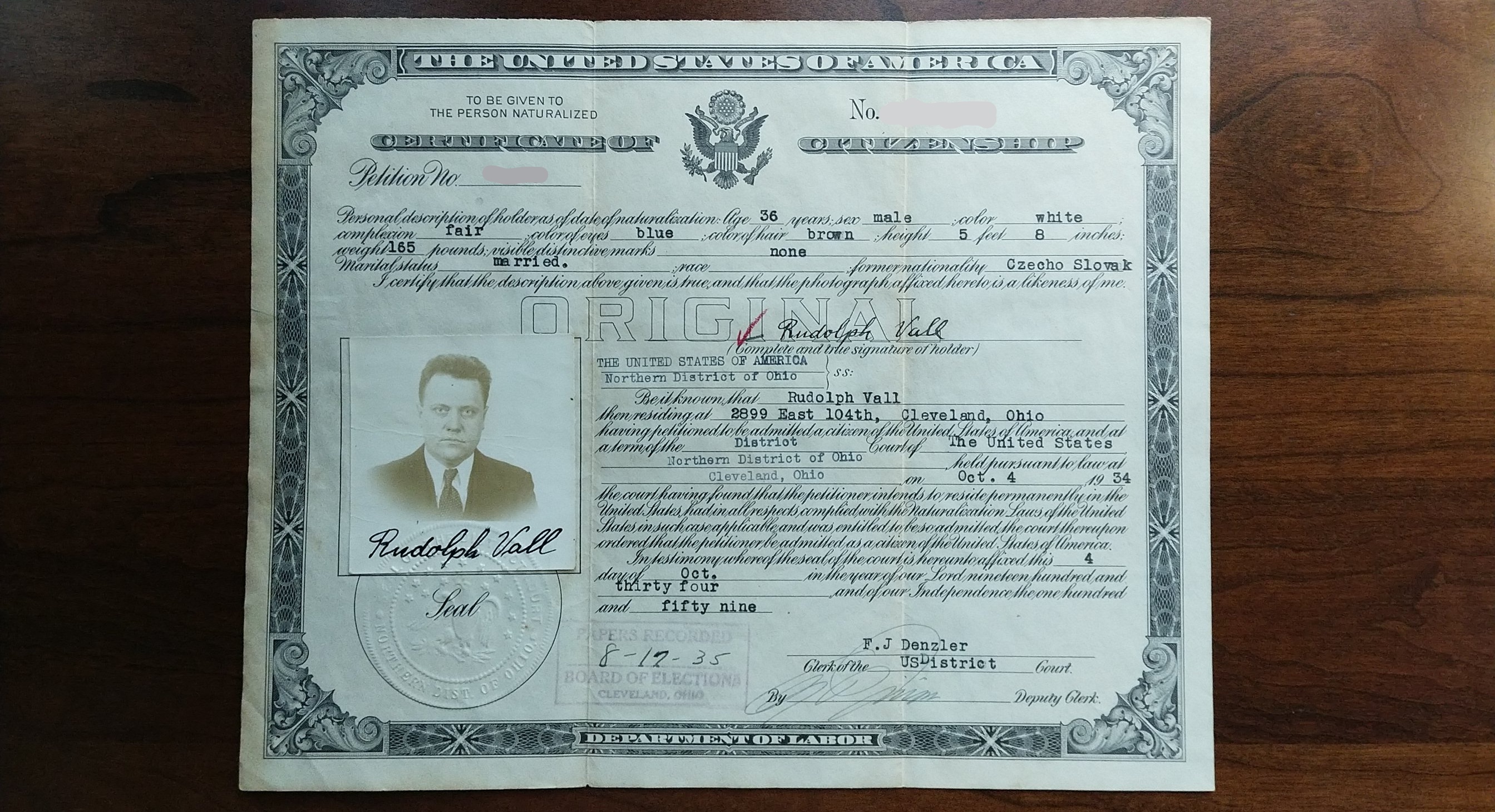 Citizenship Document for Rudolph Vall